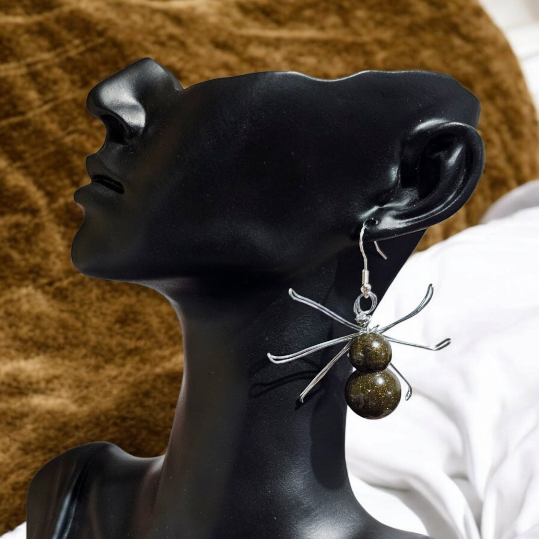 Silver Dune Beetle Earrings- Brown Crawling Insect Jewelry, Gothic Whimsical Scarab Accessories