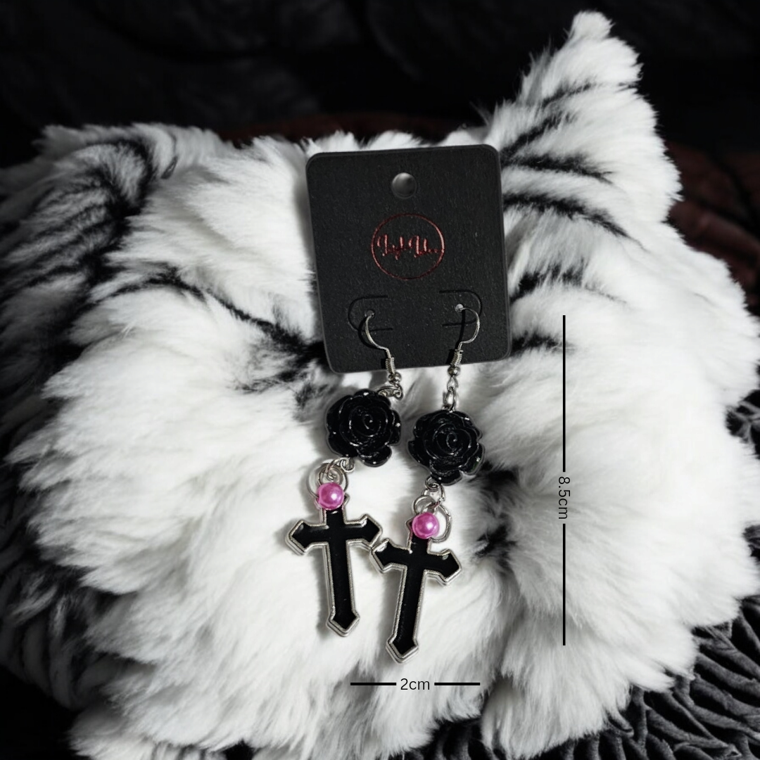 Bed of Roses Earrings - Grunge Cross Jewelry, Witchy Gothic Ear Accessories