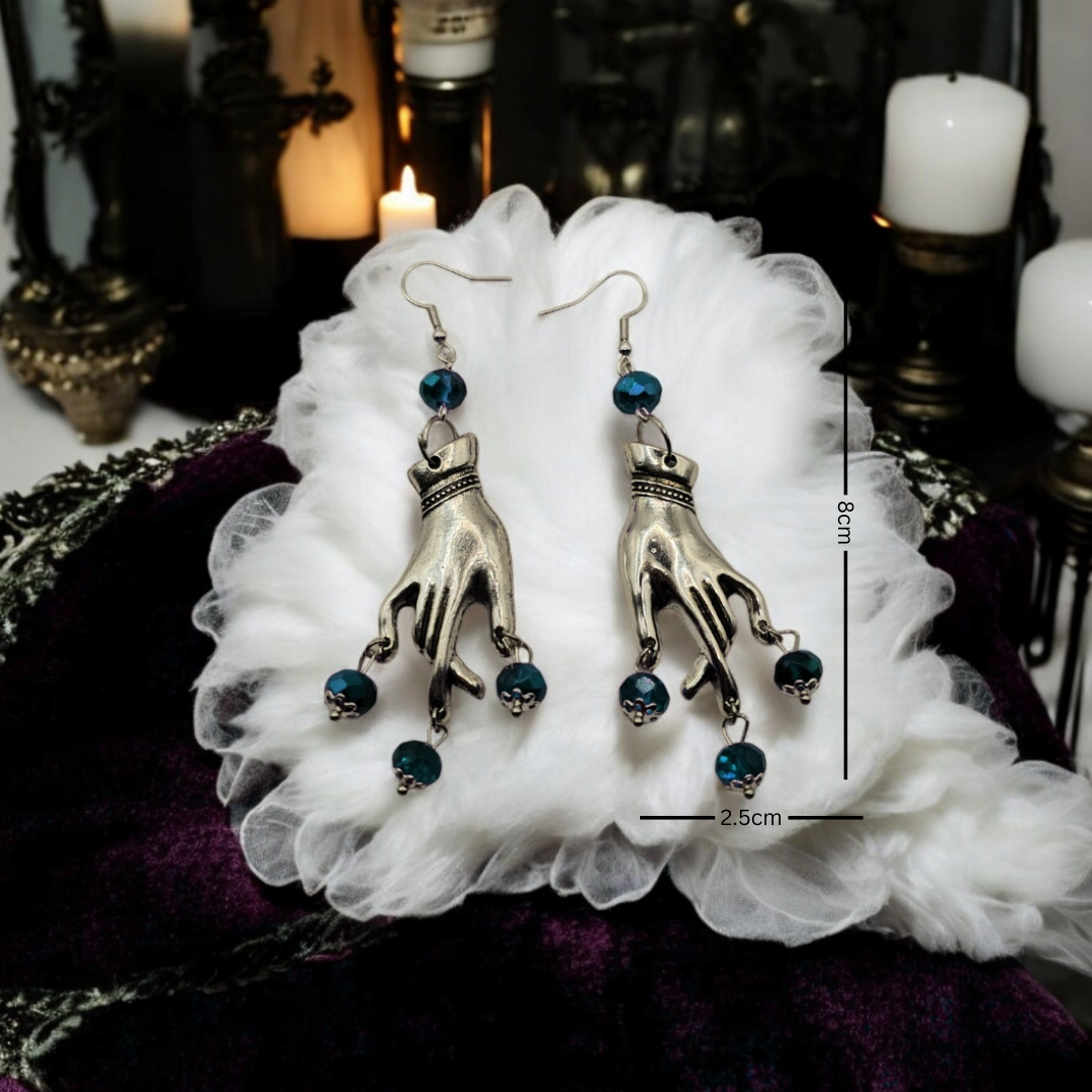 Silver Plated Blue Gem Gypsy Whimsical Earrings - Gothic Halloween Jewelry, Grunge Witchy Ear Accessories