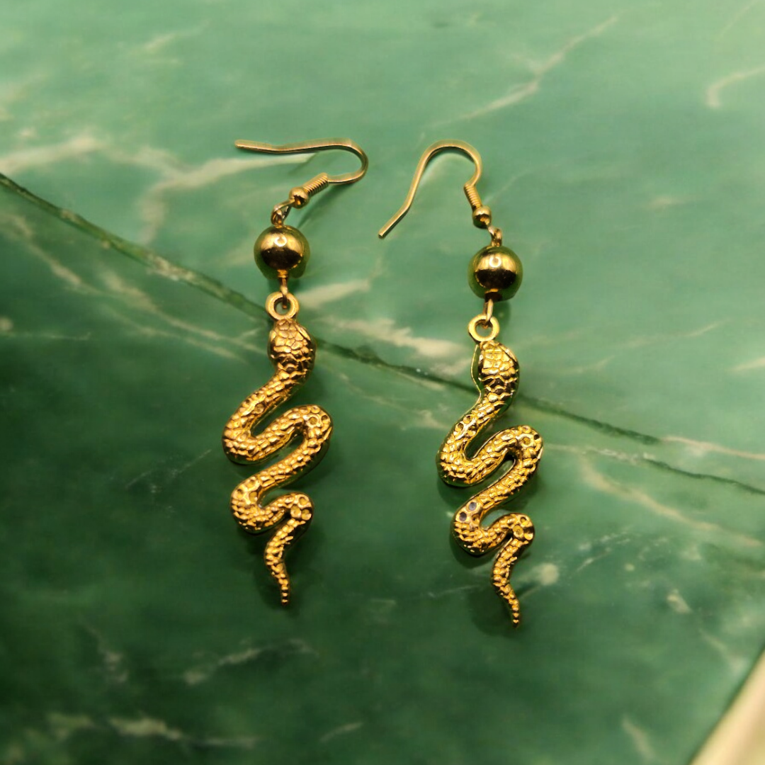 Golden Viper Earrings, Gothic Serpent Jewelry, Indie Reptile Ear Accessories