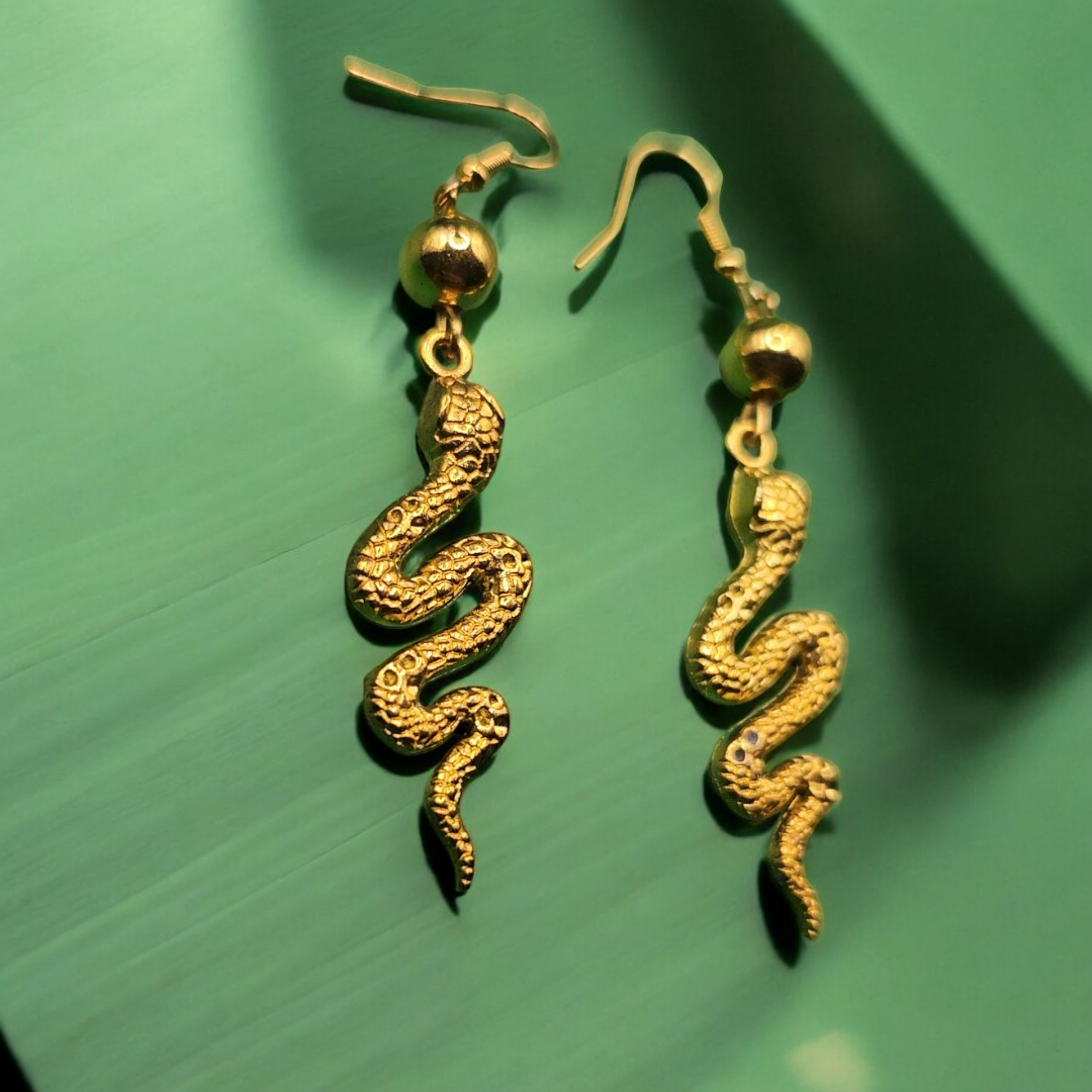 Golden Viper Earrings, Gothic Serpent Jewelry, Indie Reptile Ear Accessories