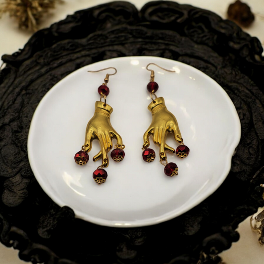 Gold Plated Red Gem Gypsy Whimsical Earrings - Gothic Halloween Jewelry, Grunge Witchy Ear Accessories