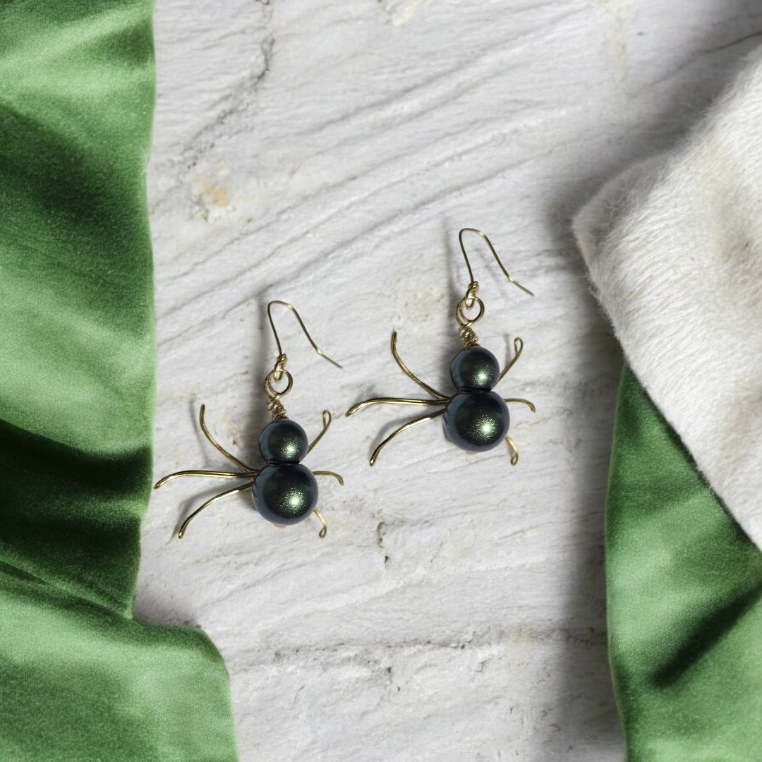 Emerald Scarab Earrings- Green Beetle Jewelry, Gothic Whimsical Insect Accessories