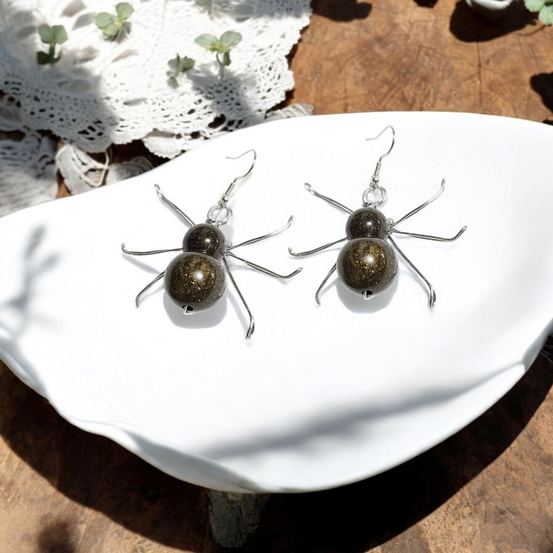 Silver Dune Beetle Earrings- Brown Crawling Insect Jewelry, Gothic Whimsical Scarab Accessories