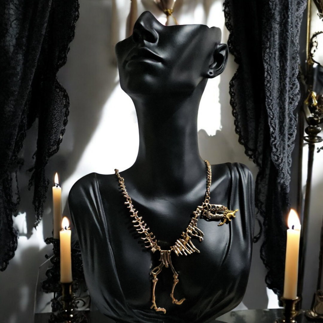 Gold Fabulous Fossils Alternative Necklace - Chomping Dinosaur Skeleton Jewelry, Grunge Edge Accessories