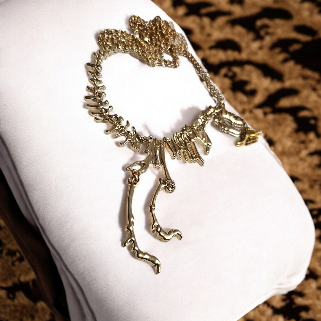 Gold Fabulous Fossils Alternative Necklace - Chomping Dinosaur Skeleton Jewelry, Grunge Edge Accessories