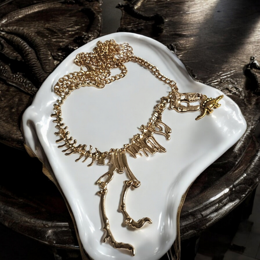 Gold Fabulous Fossils Alternative Necklace - Chomping Dinosaur Skeleton Jewelry, Grunge Edge Accessories