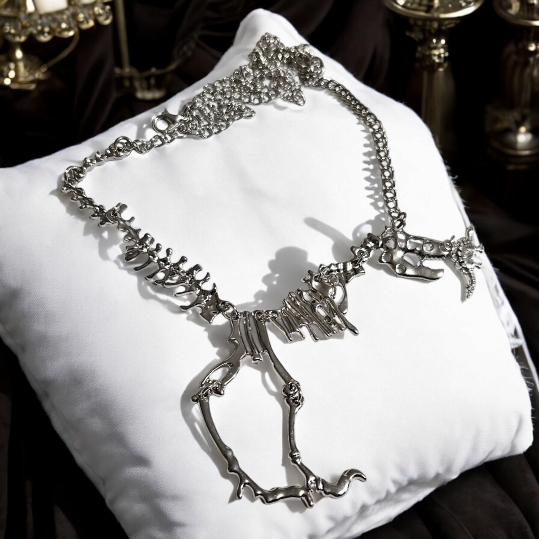 Silver Fabulous Fossils Alternative Necklace - Chomping Dinosaur Skeleton Jewelry, Grunge Edge Accessories