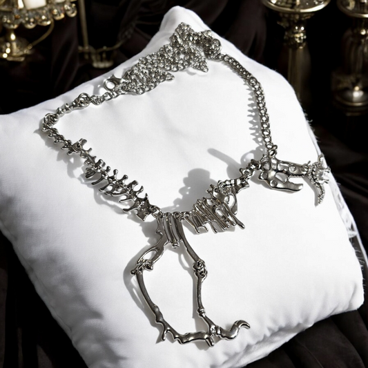 Silver Fabulous Fossils Alternative Necklace - Chomping Dinosaur Skeleton Jewelry, Grunge Edge Accessories