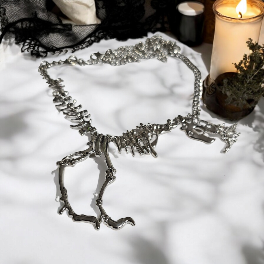 Silver Fabulous Fossils Alternative Necklace - Chomping Dinosaur Skeleton Jewelry, Grunge Edge Accessories