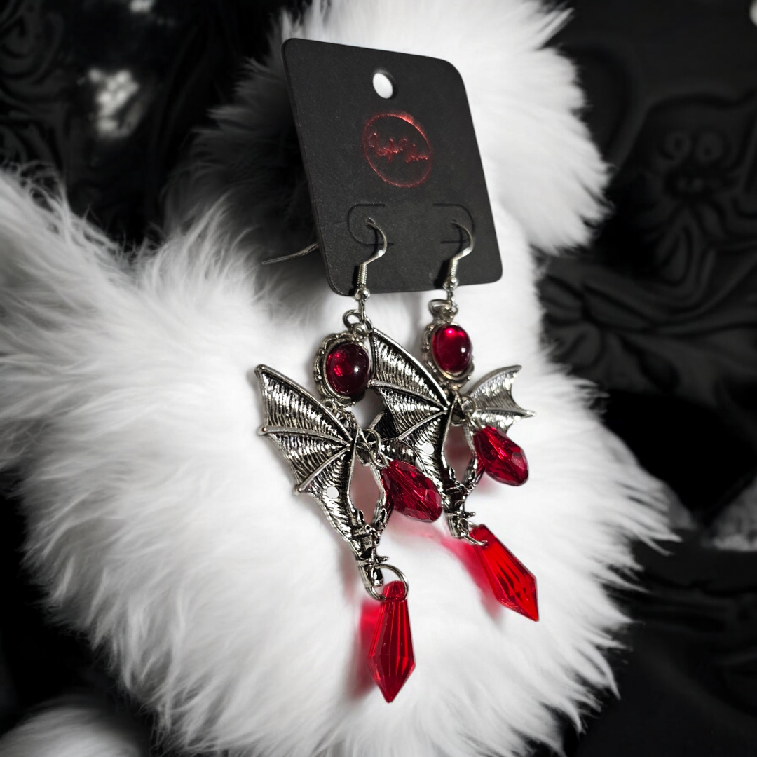 Red Bat Woman Earrings - Grunge Alternative Jewelry, Skull Gothic Ear Accessories