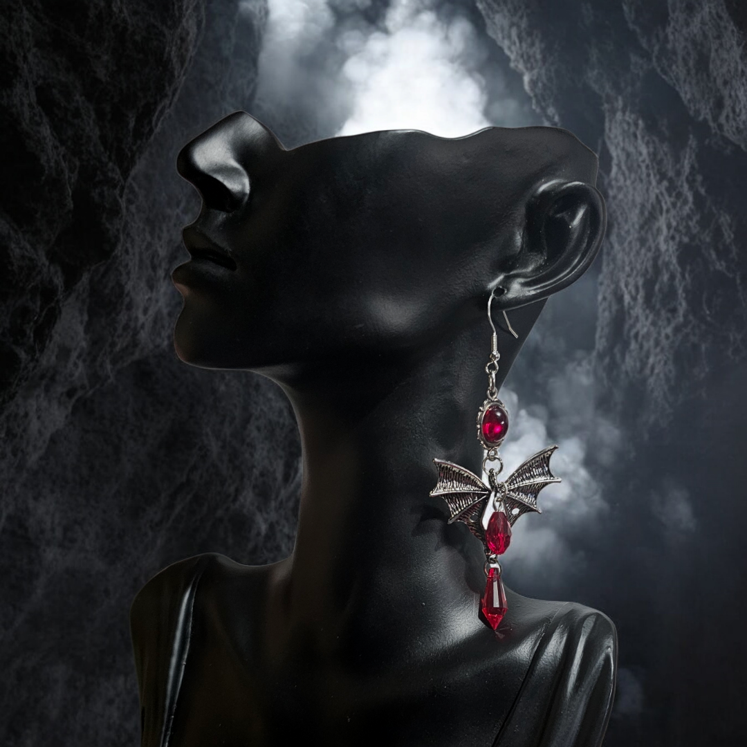 Red Bat Woman Earrings - Grunge Alternative Jewelry, Skull Gothic Ear Accessories