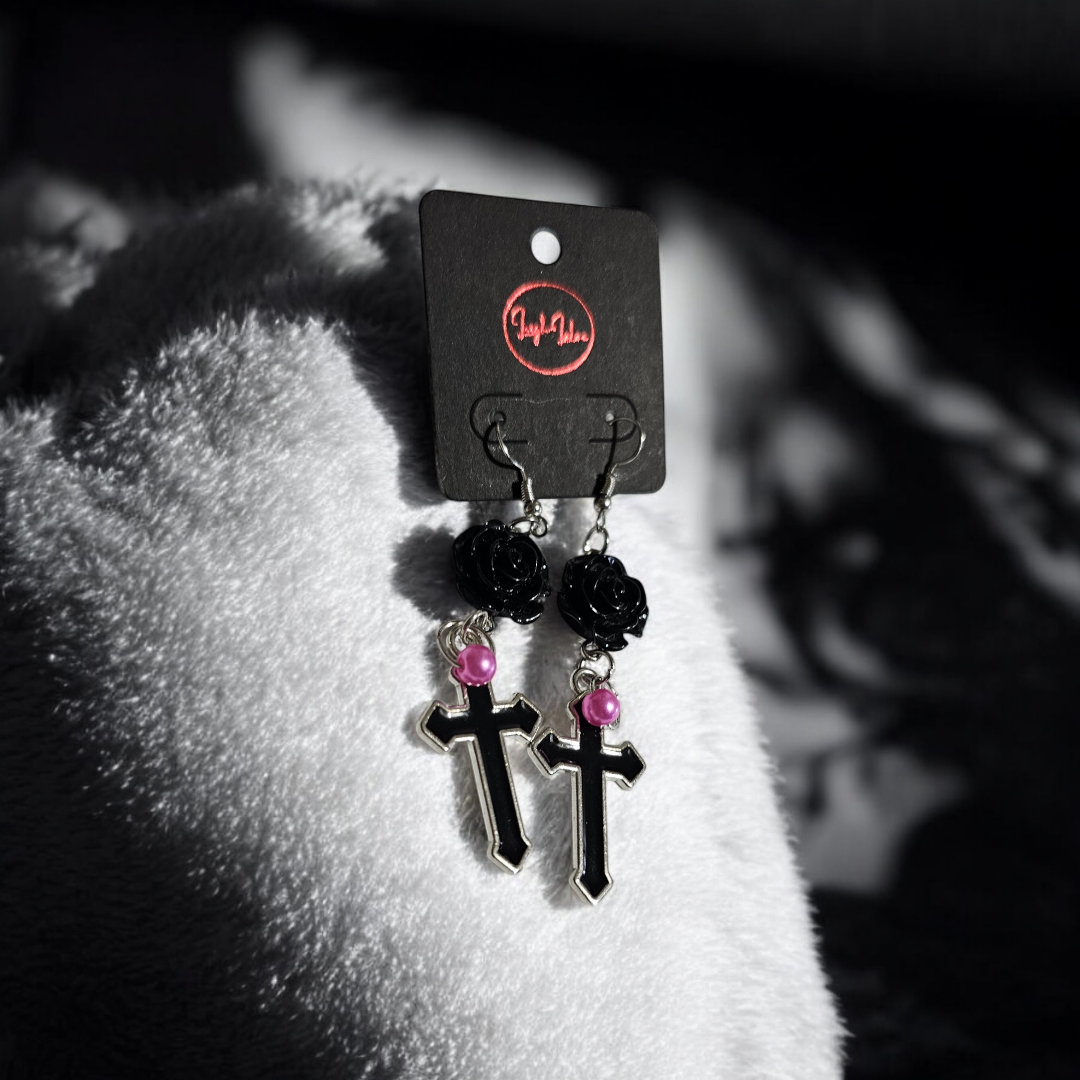 Bed of Roses Earrings - Grunge Cross Jewelry, Witchy Gothic Ear Accessories