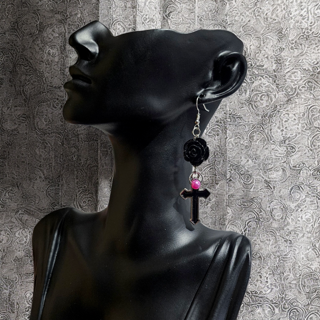 Bed of Roses Earrings - Grunge Cross Jewelry, Witchy Gothic Ear Accessories