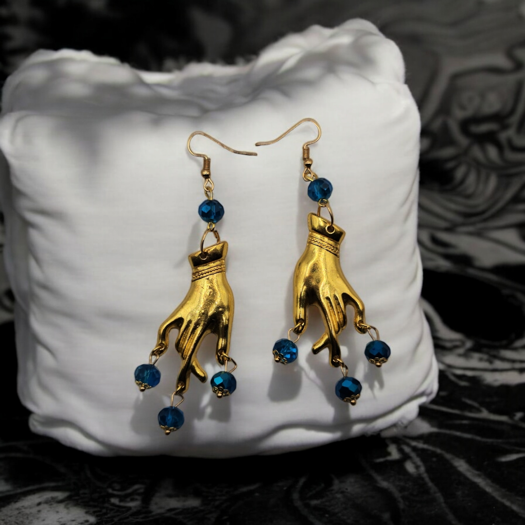 Gold Plated Blue Gem Gypsy  Whimsical Earrings - Gothic Halloween Jewelry, Grunge Witchy Ear Accessories