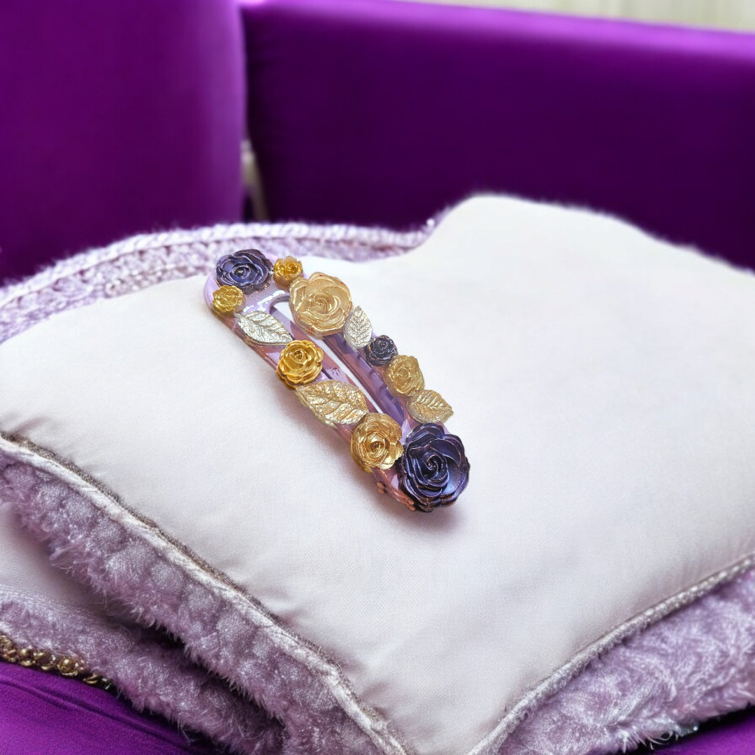 Indigo Enchantment Hairclip - Purple Rose Fall Barette, Elegant Autumn Head Clasp