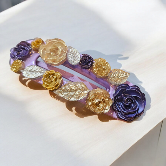 Indigo Enchantment Hairclip - Purple Rose Fall Barette, Elegant Autumn Head Clasp