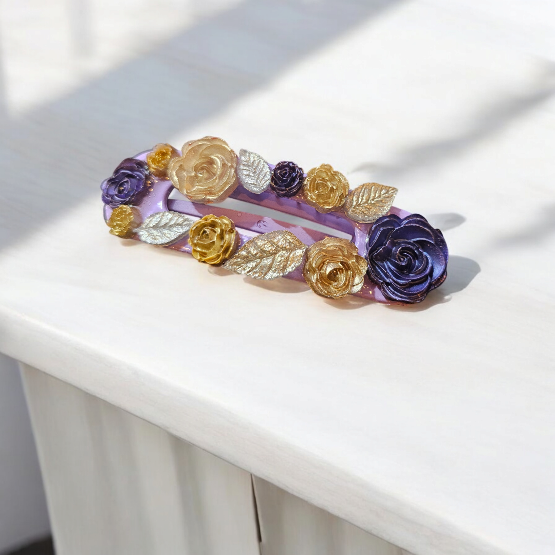 Indigo Enchantment Hairclip - Purple Rose Fall Barette, Elegant Autumn Head Clasp