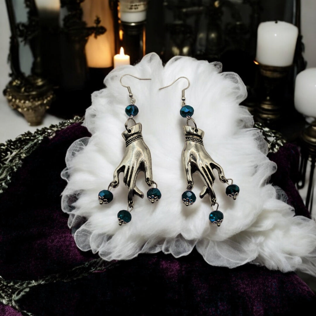 Silver Plated Blue Gem Gypsy Whimsical Earrings - Gothic Halloween Jewelry, Grunge Witchy Ear Accessories