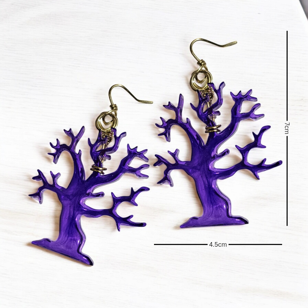 Witching Hour Tree Earrings- Purple Enchanted Forest Jewelry, Whimsical Oak Ear Accessories