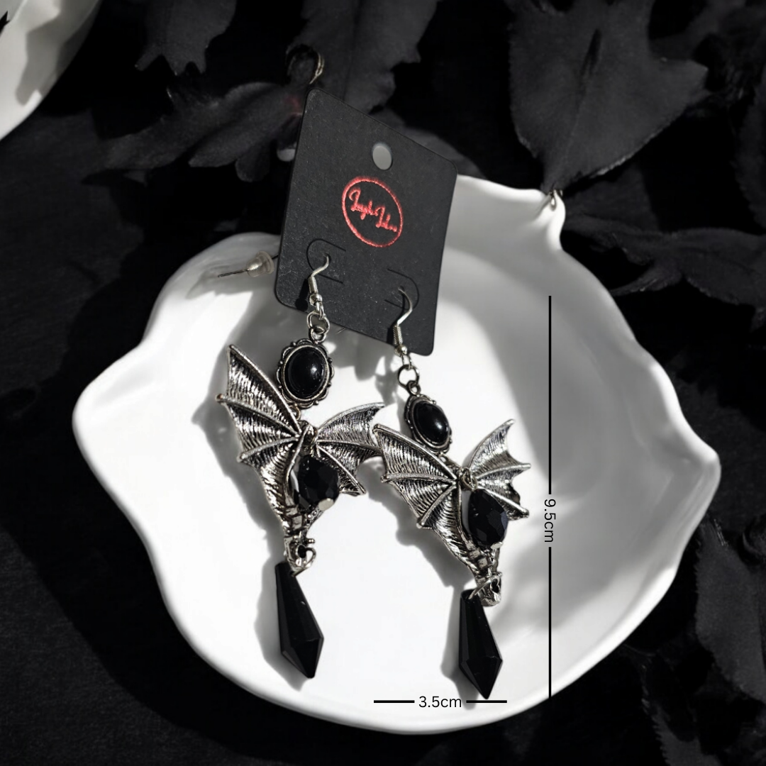 Black Bat Woman Earrings - Grunge Alternative Jewelry, Skull Gothic Ear Accessories