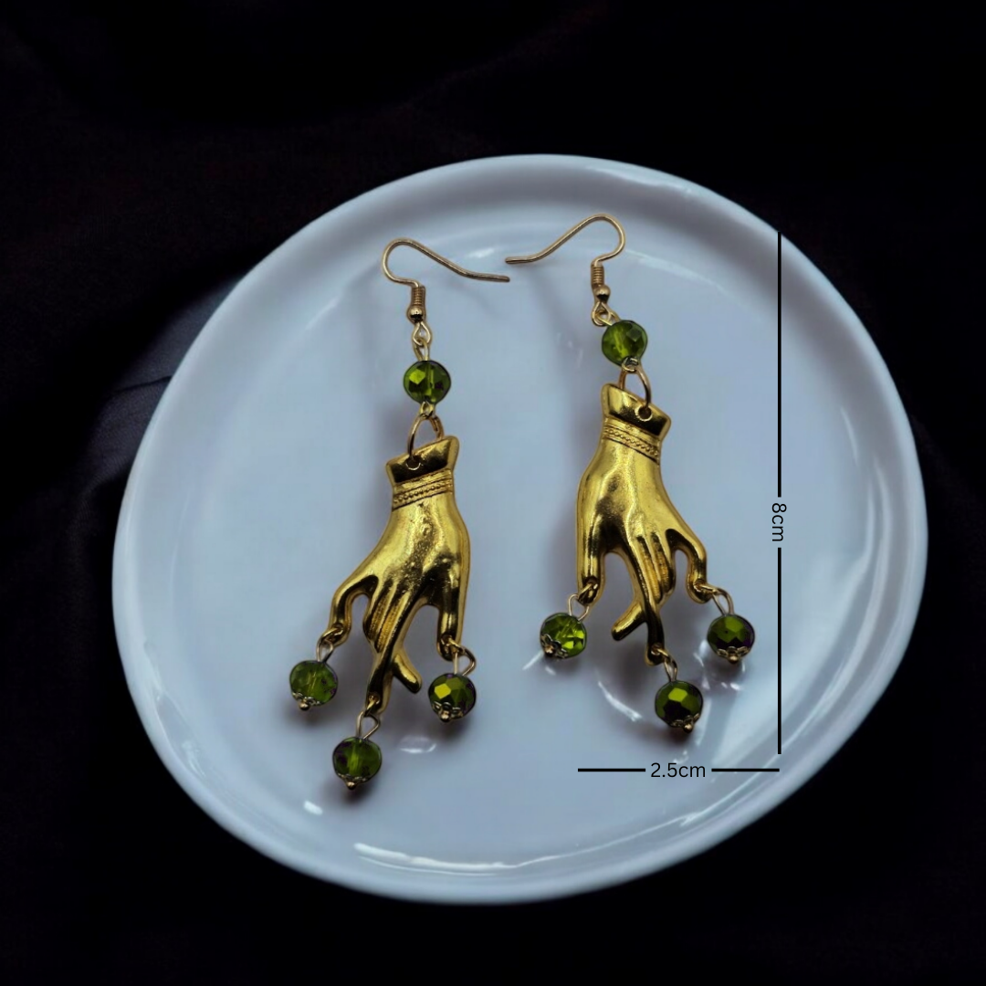 Gold Plated Green Gem Gypsy Whimsical Earrings - Gothic Halloween Jewelry, Grunge Witchy Ear Accessories