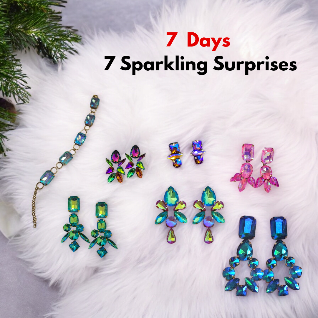 Christmas in Paradise, 7 Day CLIP ON Jewelry Advent Calendar, Beautiful Aurora Borealis Crystal Ear Accessories, Tropical Rhinestone Earrings