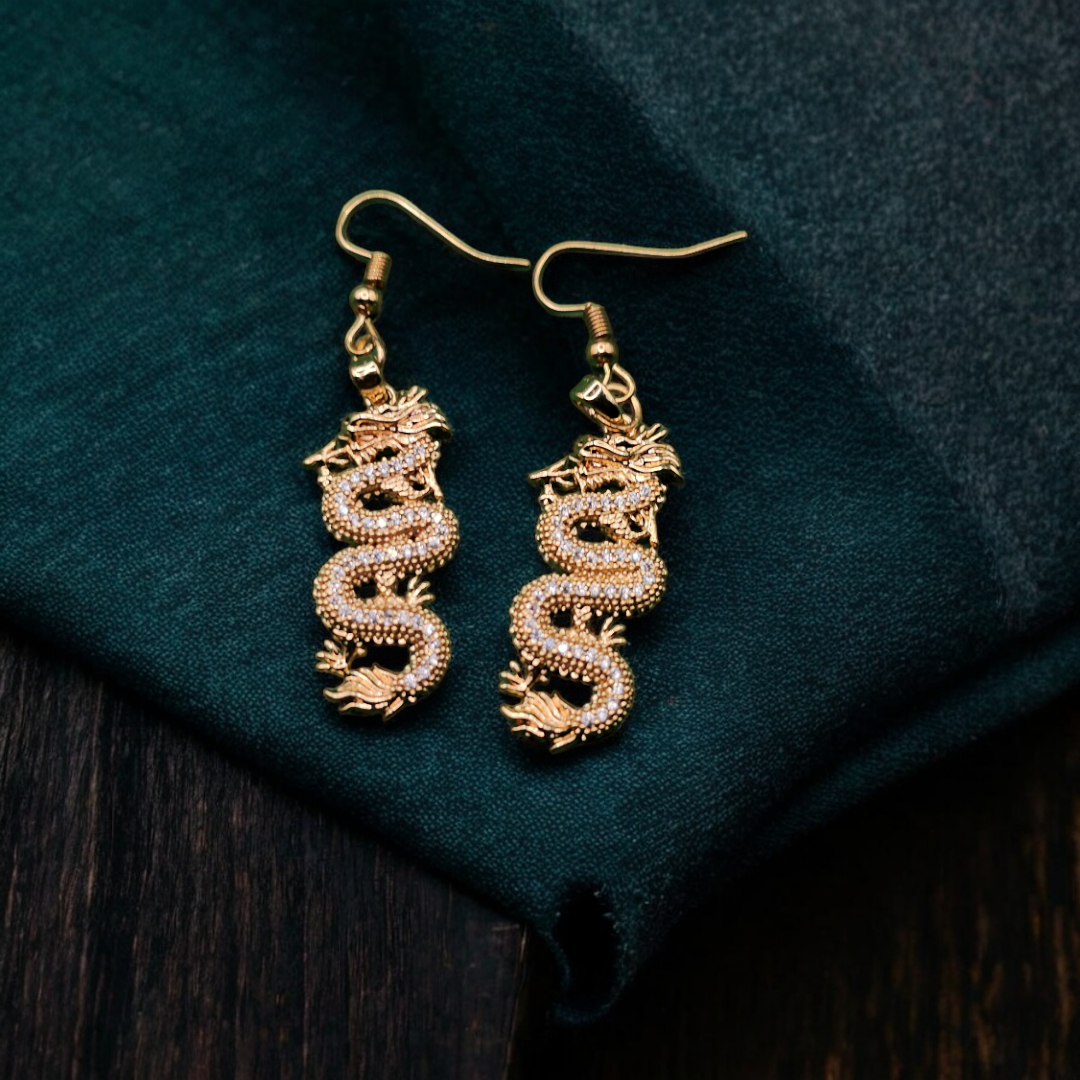 Lunar Serpent Earrings - Retro Sparky Dragon Jewelry, Celestial Golden Reptile Ear Accessories