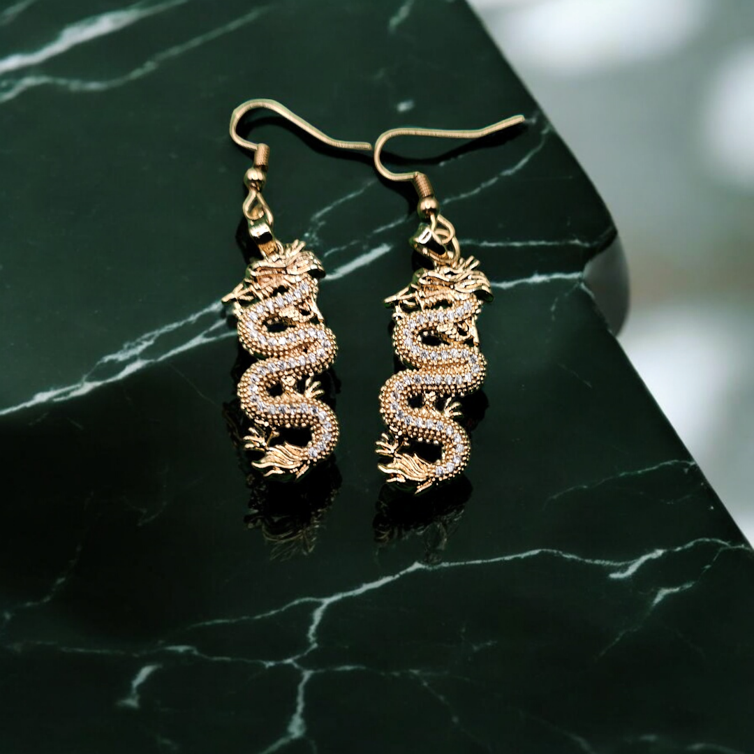 Lunar Serpent Earrings - Retro Sparky Dragon Jewelry, Celestial Golden Reptile Ear Accessories