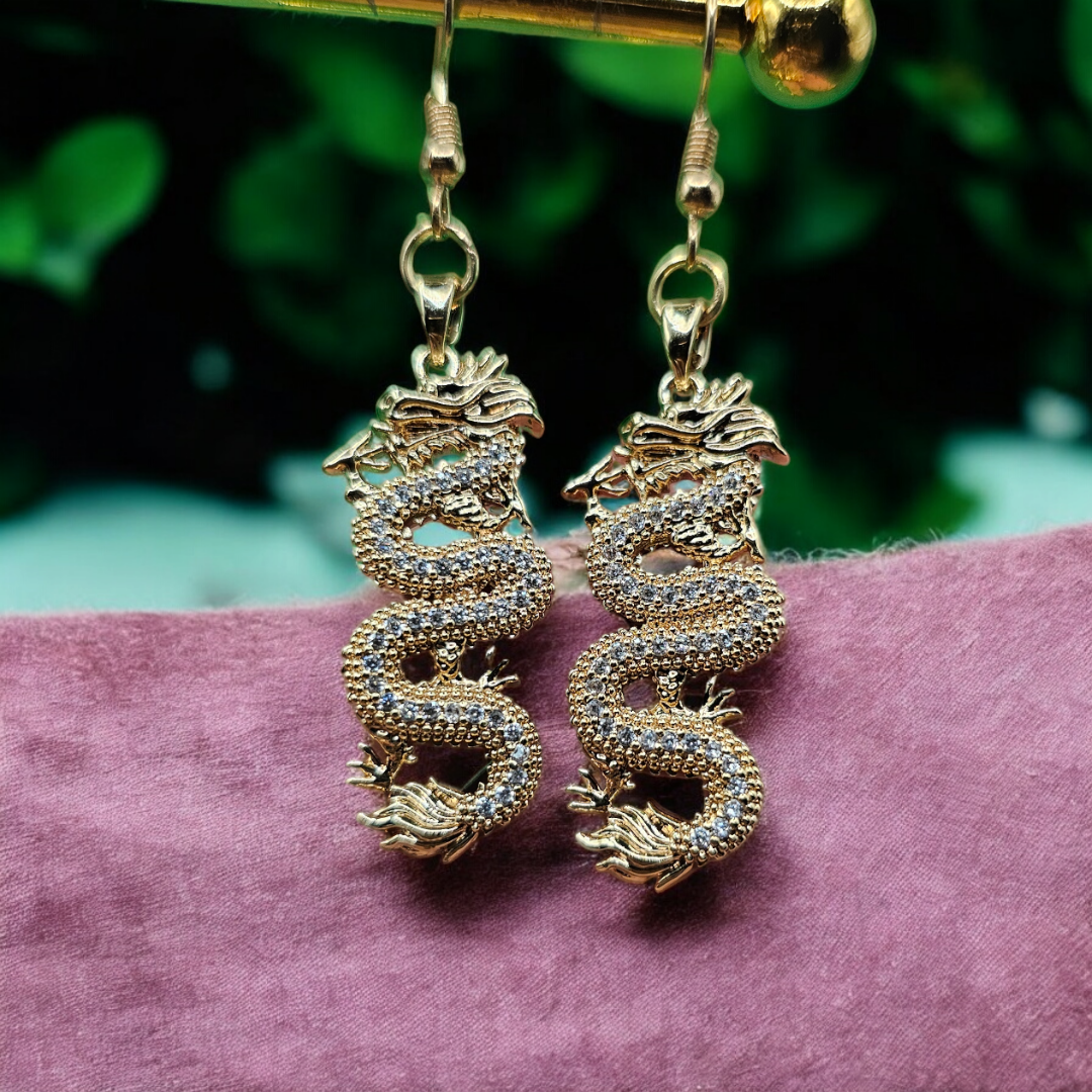 Lunar Serpent Earrings - Retro Sparky Dragon Jewelry, Celestial Golden Reptile Ear Accessories