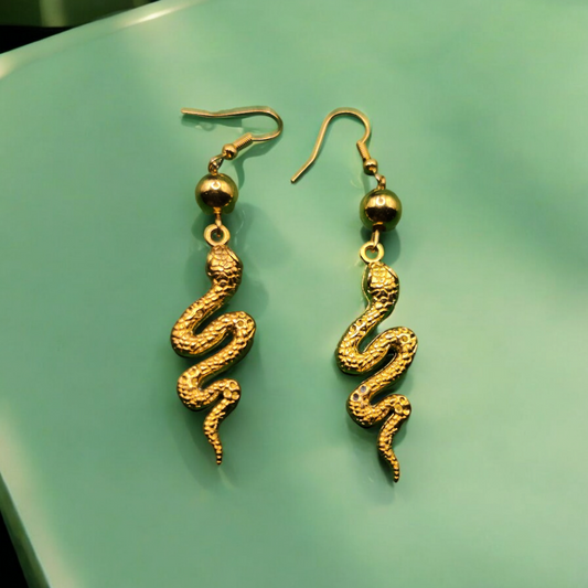 Golden Viper Earrings, Gothic Serpent Jewelry, Indie Reptile Ear Accessories