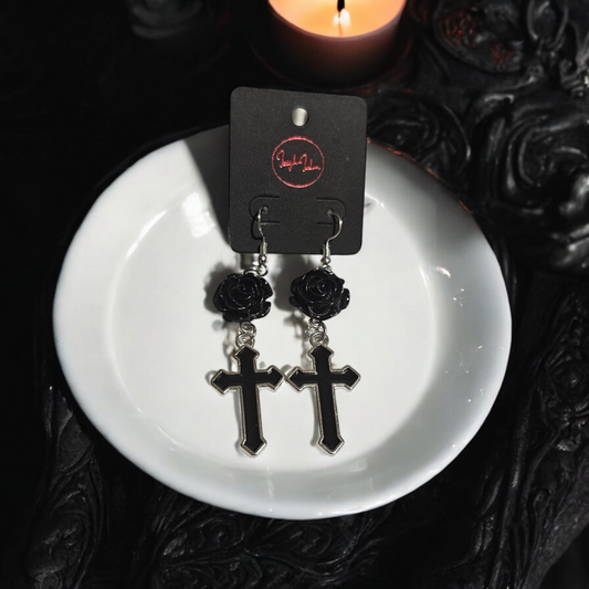 Bed of Roses Earrings - Grunge Cross Jewelry, Witchy Gothic Ear Accessories