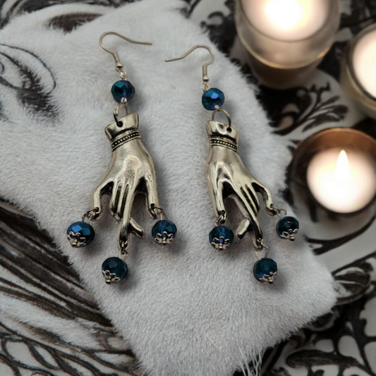 Silver Plated Blue Gem Gypsy Whimsical Earrings - Gothic Halloween Jewelry, Grunge Witchy Ear Accessories