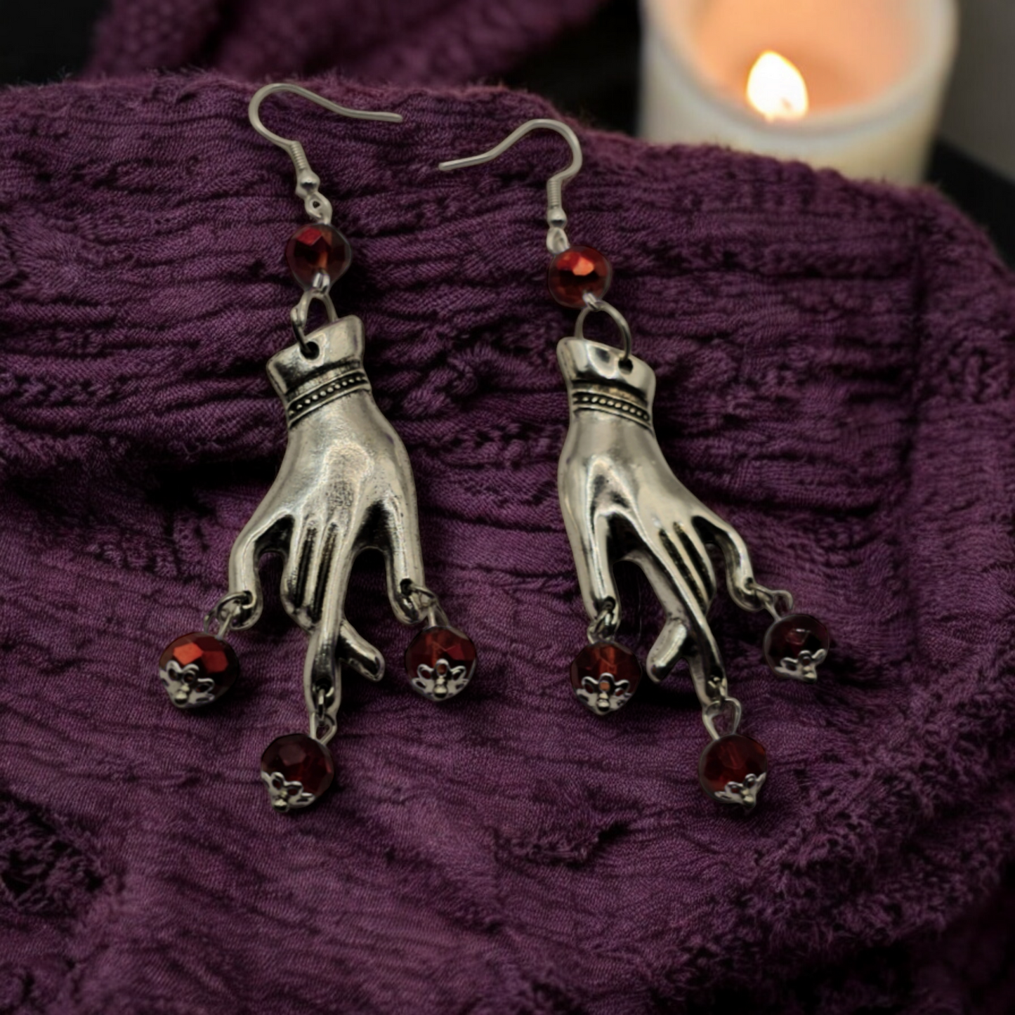 Silver Plated Red Gem Gypsy Whimsical Earrings - Gothic Halloween Jewelry, Grunge Witchy Ear Accessories