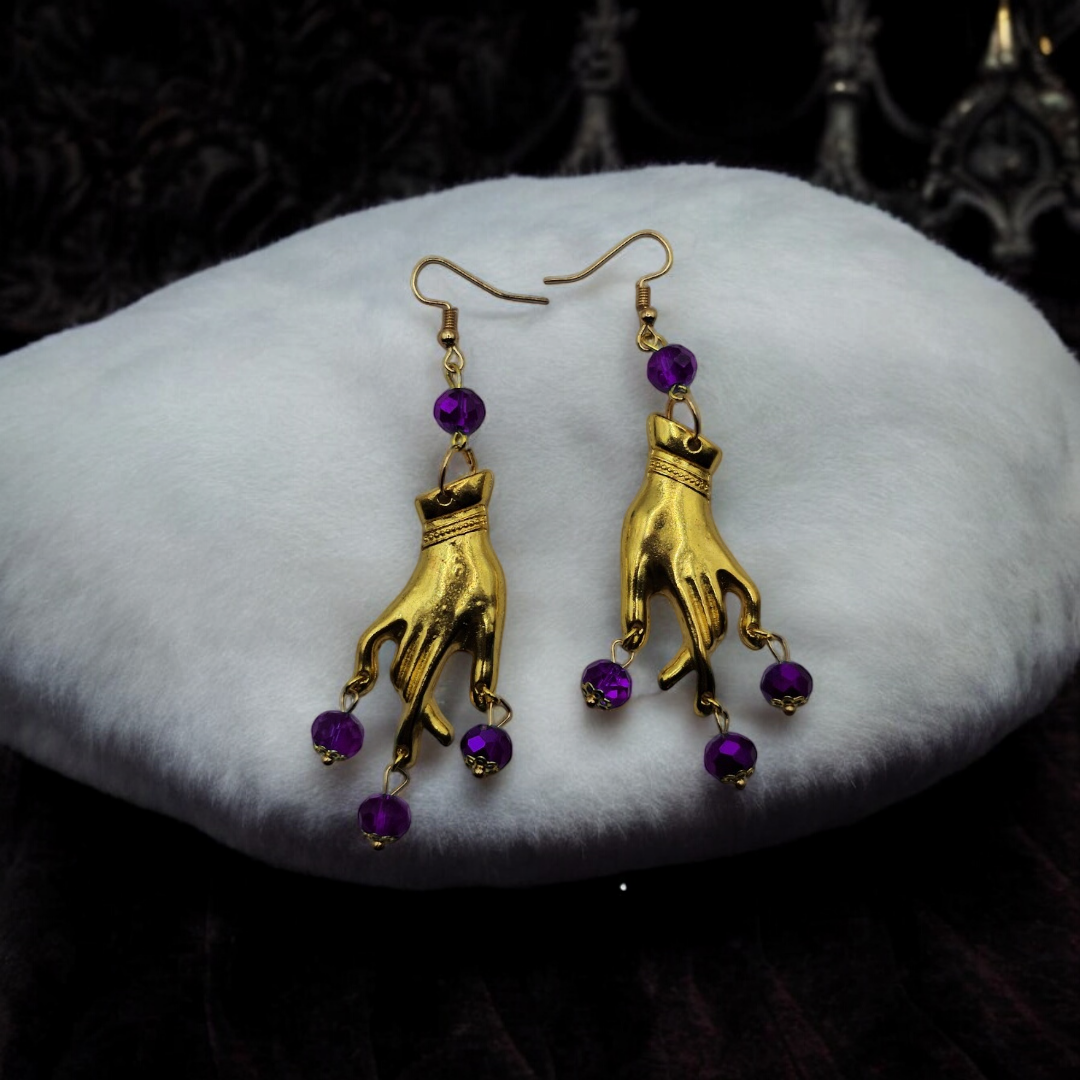 Gold Plated Purple Gem Gypsy Whimsical Earrings - Gothic Halloween Jewelry, Grunge Witchy Ear Accessories