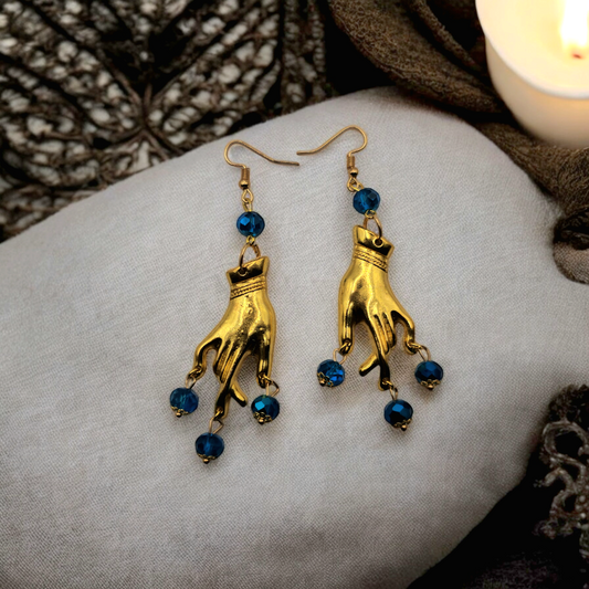 Gold Plated Blue Gem Gypsy  Whimsical Earrings - Gothic Halloween Jewelry, Grunge Witchy Ear Accessories