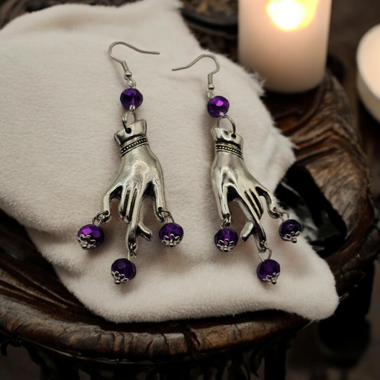 Silver Plated Purple Gem Gypsy Whimsical Earrings - Gothic Halloween Jewelry, Grunge Witchy Ear Accessories