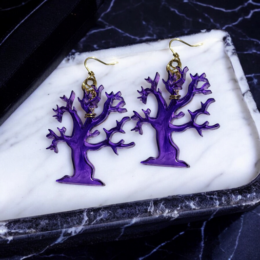 Witching Hour Tree Earrings- Purple Enchanted Forest Jewelry, Whimsical Oak Ear Accessories