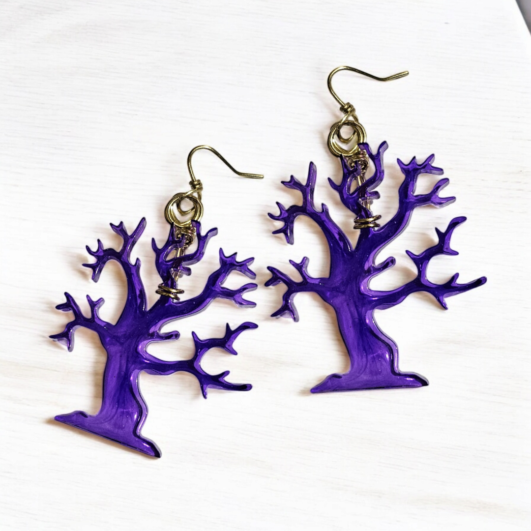 Witching Hour Tree Earrings- Purple Enchanted Forest Jewelry, Whimsical Oak Ear Accessories