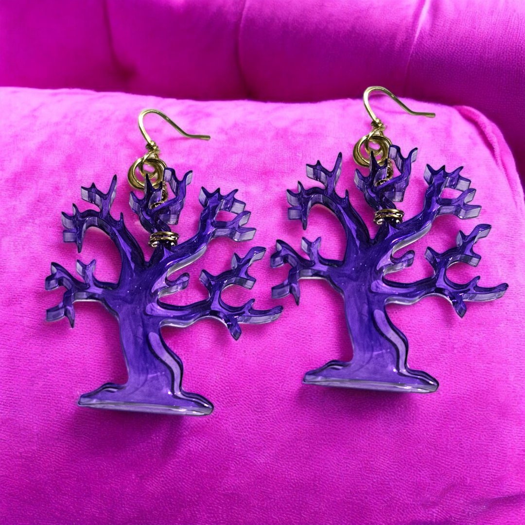 Witching Hour Tree Earrings- Purple Enchanted Forest Jewelry, Whimsical Oak Ear Accessories