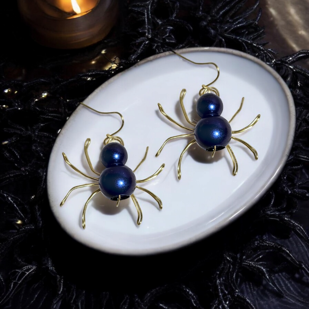 Cobalt Creep Spider Earrings- Blue Crawling Arachnid Jewelry, Gothic Whimsical Insect Accessories