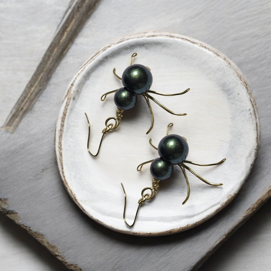 Emerald Scarab Earrings- Green Beetle Jewelry, Gothic Whimsical Insect Accessories