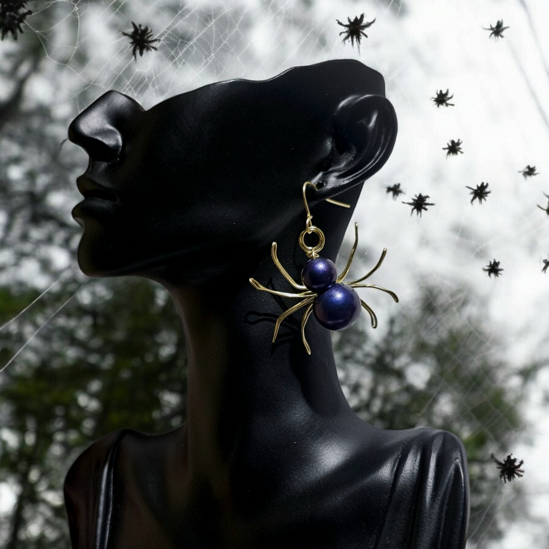 Cobalt Creep Spider Earrings- Blue Crawling Arachnid Jewelry, Gothic Whimsical Insect Accessories