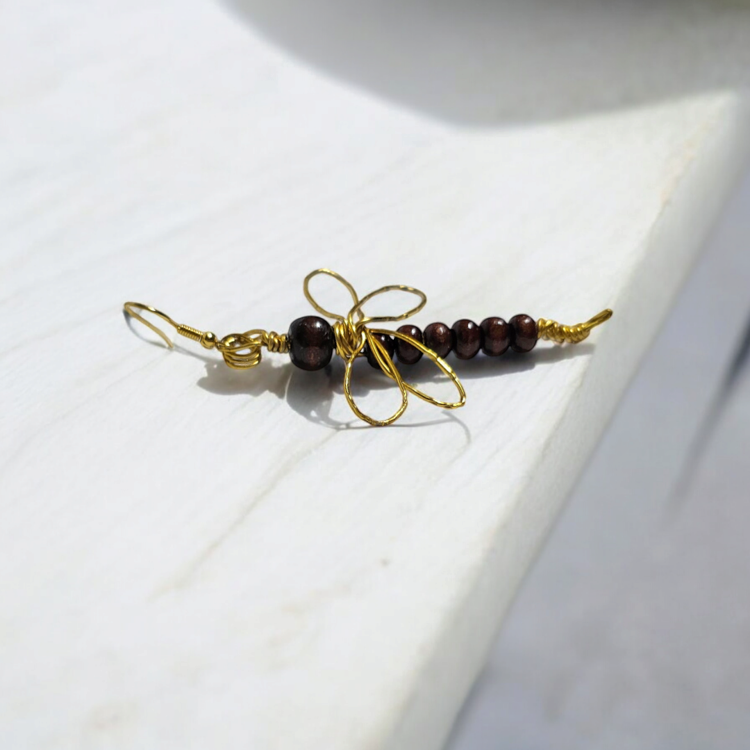 Harvest Moon Wooden Dragonfly Earrings- Brown Rustic Damselfly Jewelry, Elegant Autumnal Insect Accessories