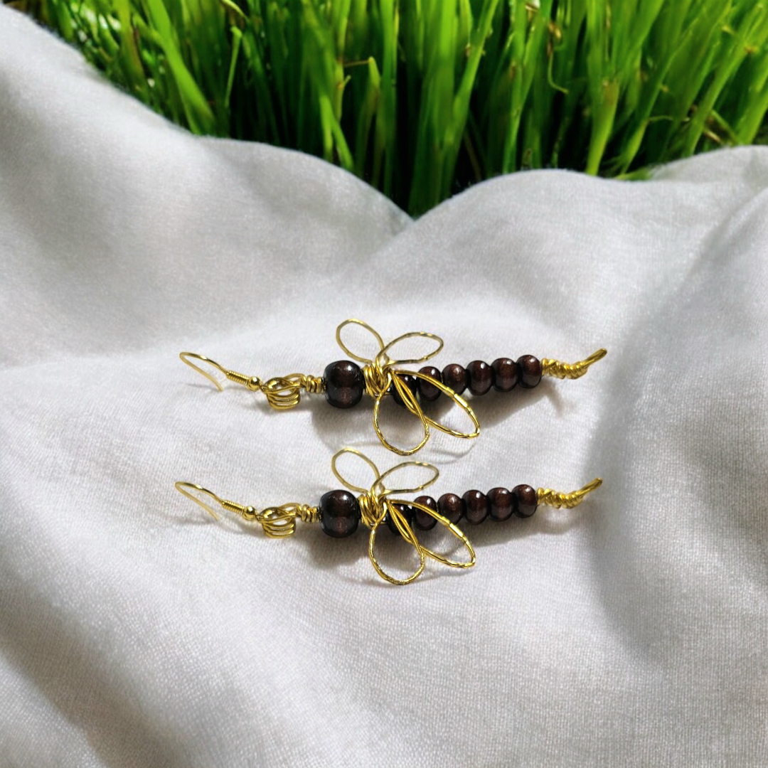 Harvest Moon Wooden Dragonfly Earrings- Brown Rustic Damselfly Jewelry, Elegant Autumnal Insect Accessories