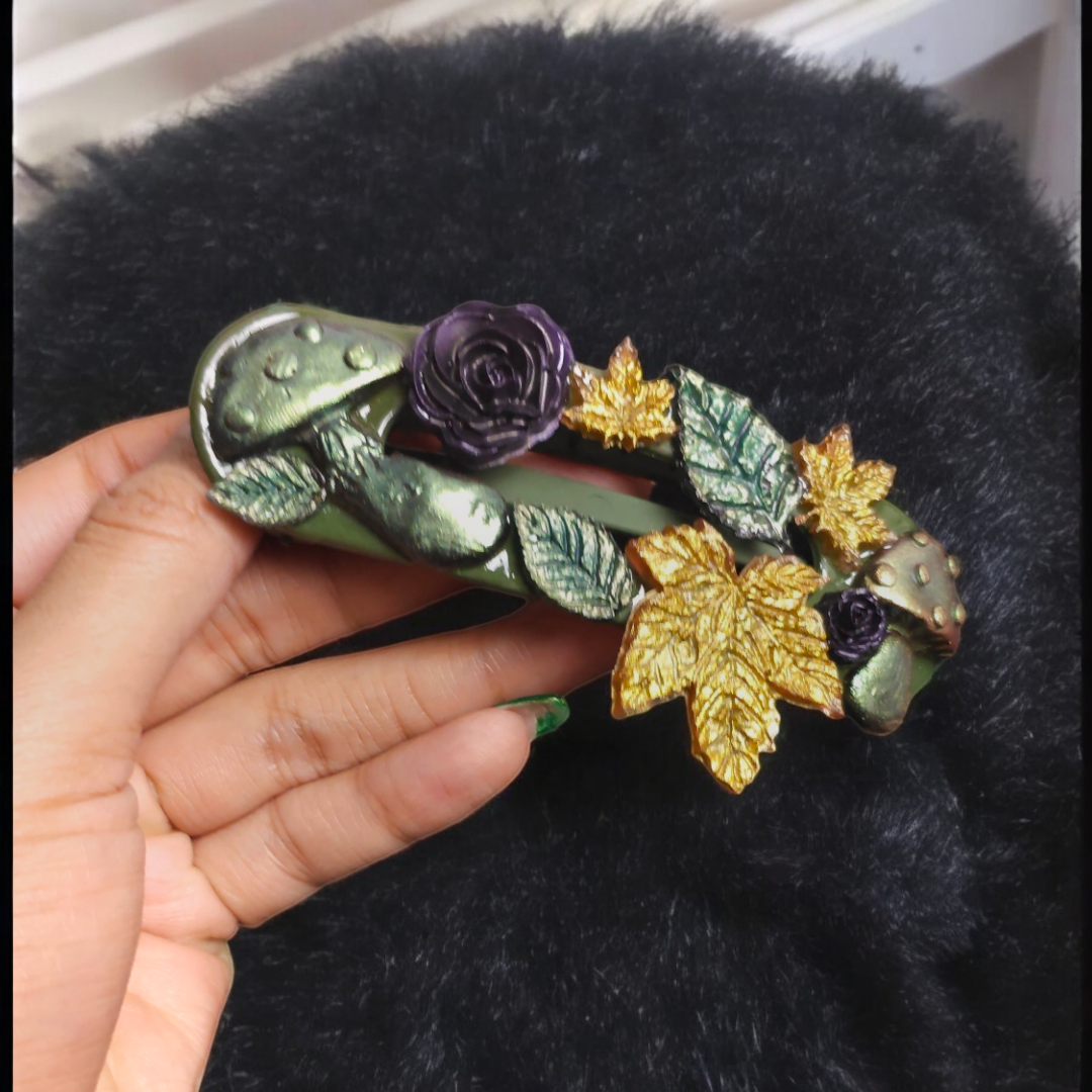 Mushroom Magic Hair Clip -  Rose Forest Barette, Chunky Leaf Flower Head Clasp