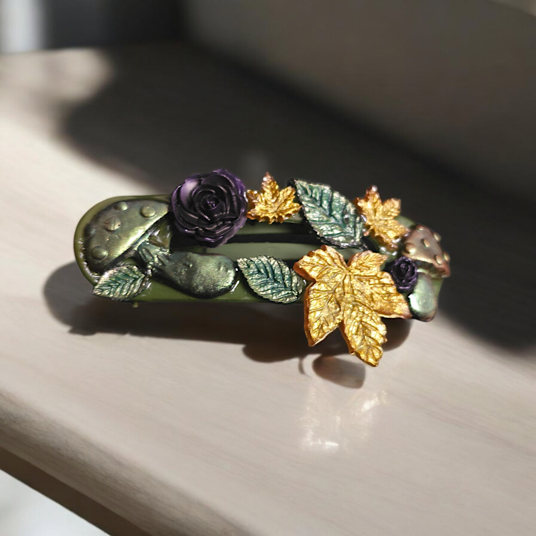 Mushroom Magic Hair Clip -  Rose Forest Barette, Chunky Leaf Flower Head Clasp