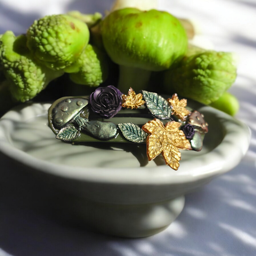 Mushroom Magic Hair Clip -  Rose Forest Barette, Chunky Leaf Flower Head Clasp