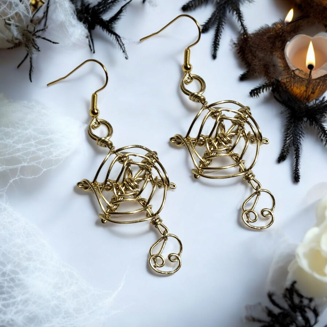 Gold Whimsy Spider Web Earrings with Personalized Initial – Custom Halloween Jewelry