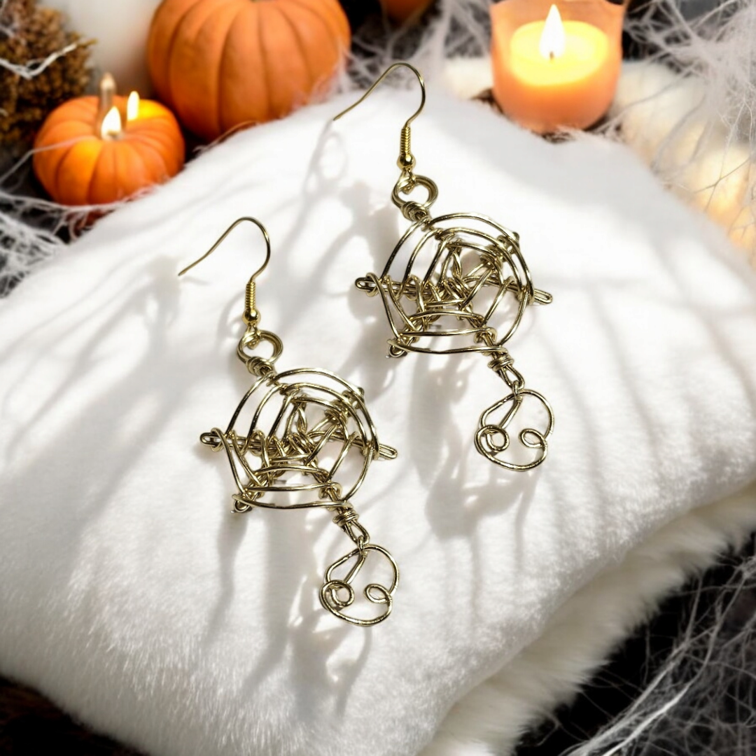 Gold Whimsy Spider Web Earrings with Personalized Initial – Custom Halloween Jewelry